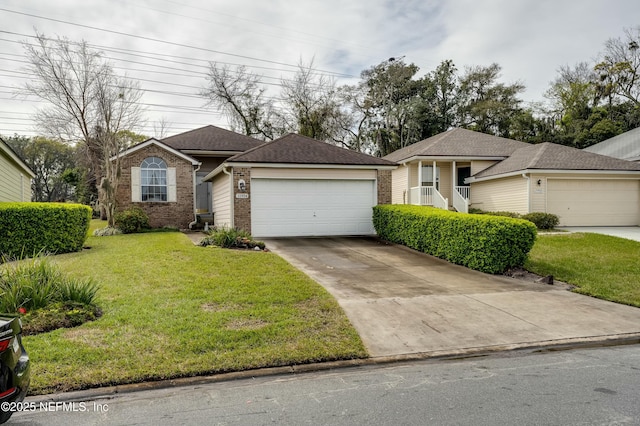 ranch-style house with a shingled roof, concrete driveway, an attached garage, a front lawn, and brick siding