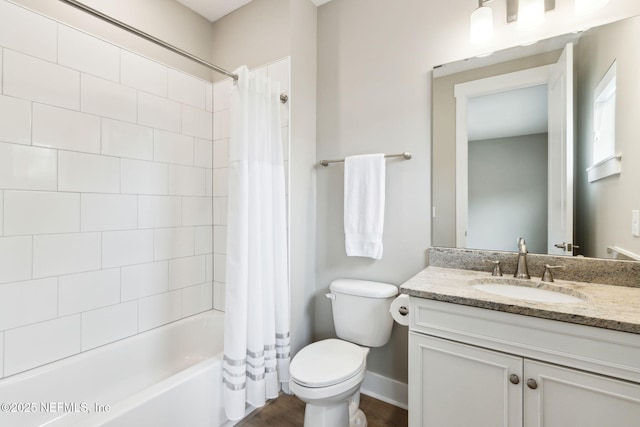 bathroom with shower / bath combination with curtain, toilet, vanity, wood finished floors, and baseboards