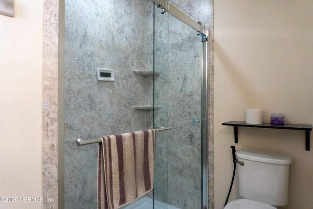 bathroom with a stall shower and toilet