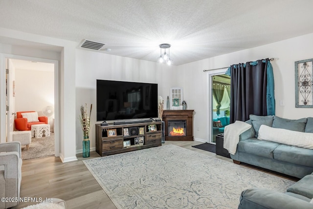 95170 Timberlake Dr, Fernandina Beach, FL 32034 - living area with a glass covered fireplace, visible vents, a textured ceiling, and wood finished floors