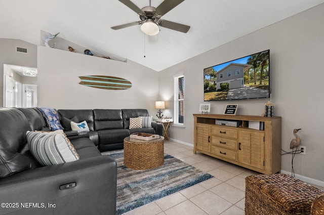 living room with light tile patterned floors, visible vents, baseboards, ceiling fan, and vaulted ceiling