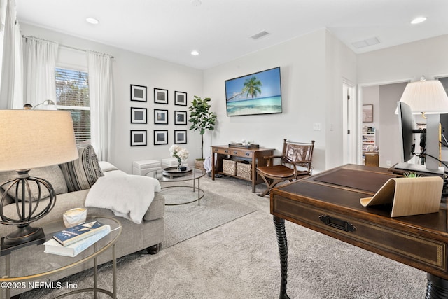 office space featuring carpet floors, visible vents, and recessed lighting