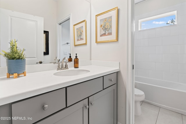 full bathroom featuring toilet, tile patterned floors, shower / bath combination, and vanity