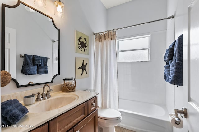 bathroom featuring shower / bath combination with curtain, vanity, and toilet