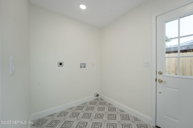 washroom with laundry area, baseboards, hookup for a washing machine, electric dryer hookup, and recessed lighting