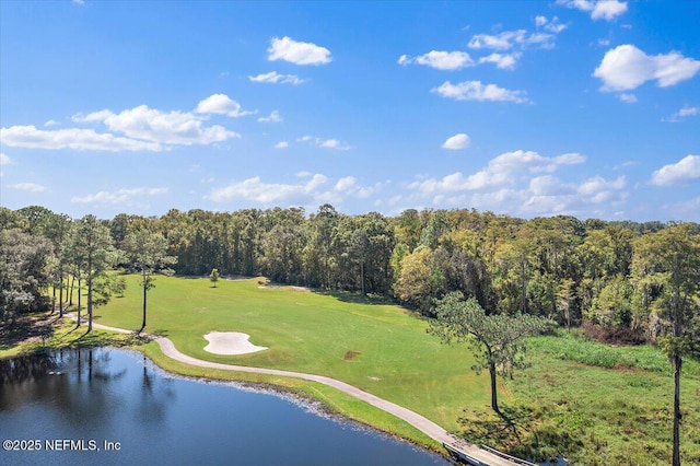 bird's eye view featuring view of golf course and a water view