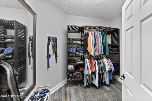 walk in closet with dark wood-style floors