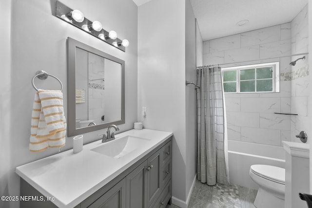 bathroom featuring toilet, shower / tub combo, and vanity