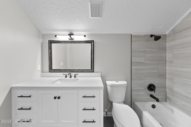 full bathroom with visible vents, toilet, a textured ceiling, vanity, and shower / bathing tub combination