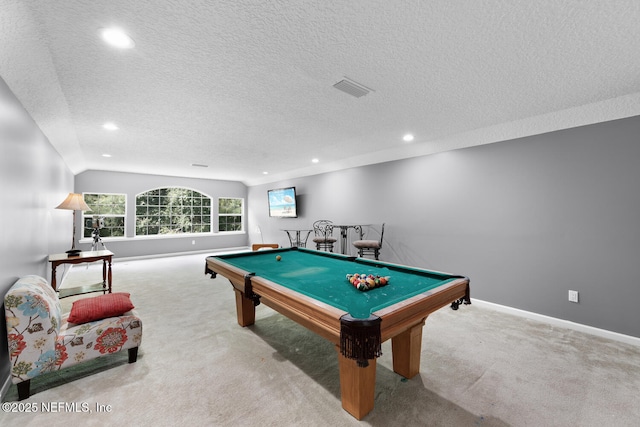 game room with visible vents, baseboards, light colored carpet, pool table, and recessed lighting