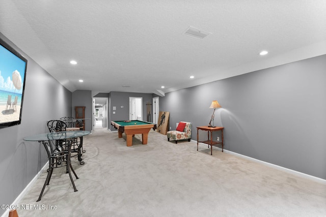 rec room with light carpet, billiards, visible vents, and recessed lighting