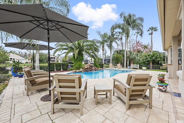 view of pool featuring a patio area, fence, and a fenced in pool