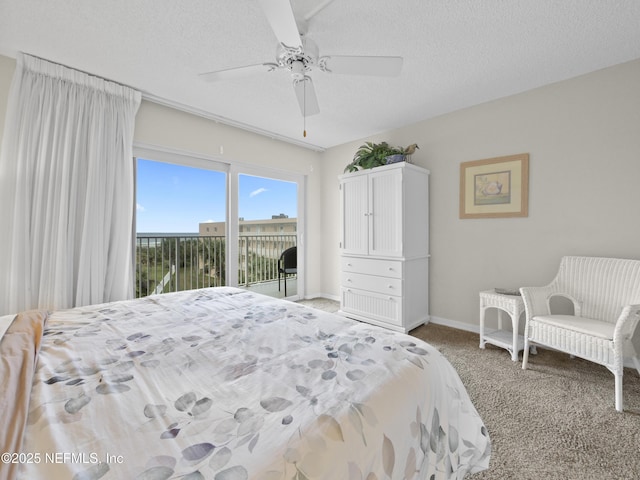 bedroom featuring access to exterior, ceiling fan, baseboards, light carpet, and a textured ceiling