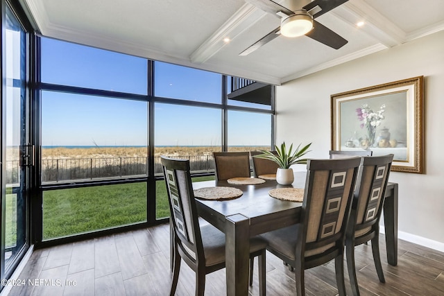 sunroom featuring a ceiling fan and beam ceiling