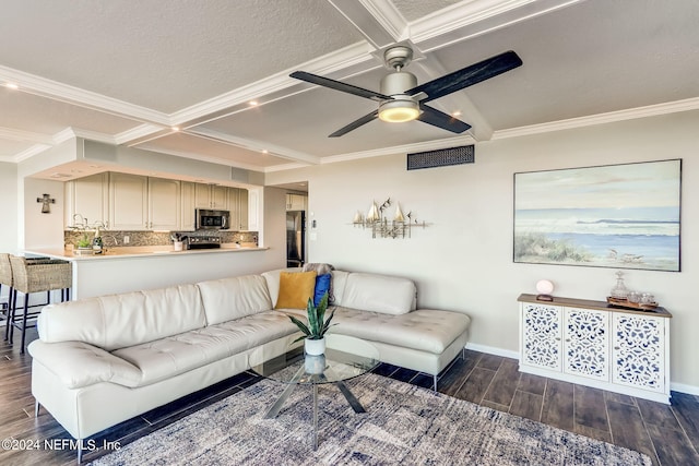 living area featuring dark wood-style floors, beam ceiling, ornamental molding, ceiling fan, and baseboards