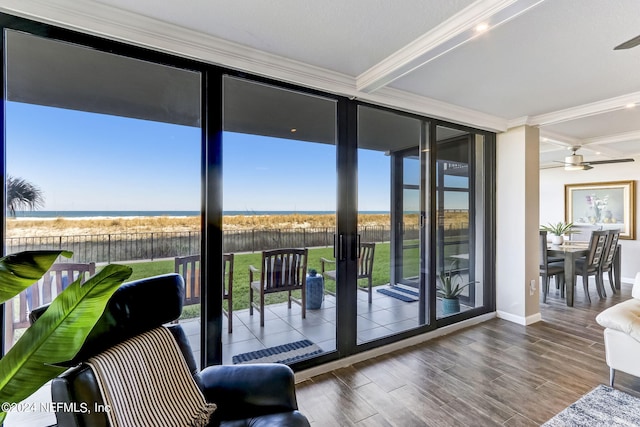 doorway featuring ornamental molding, wood finished floors, a water view, and a wall of windows