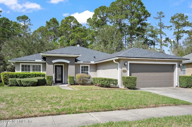 view of front of house with a garage, driveway, roof with shingles, a front lawn, and stucco siding