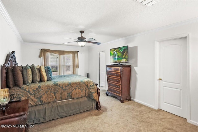 bedroom with visible vents, ornamental molding, a textured ceiling, and light colored carpet