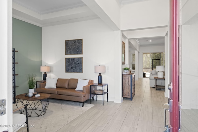 living area with ornamental molding