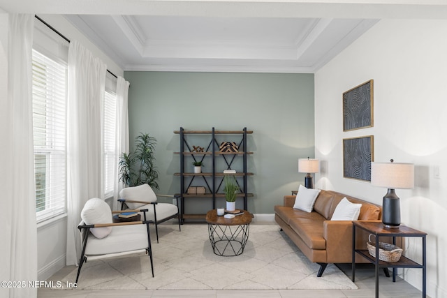 living area featuring ornamental molding, a tray ceiling, and baseboards