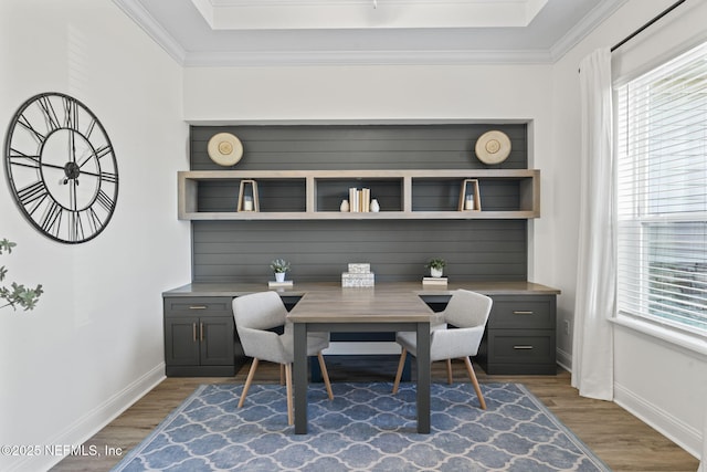 office featuring crown molding, a tray ceiling, a wealth of natural light, and wood finished floors