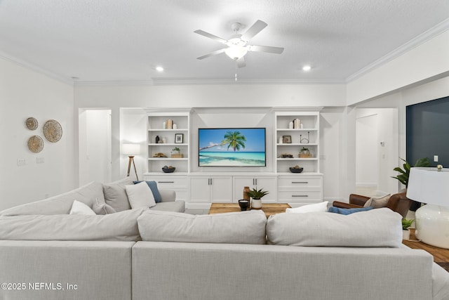 living area with crown molding, a textured ceiling, and ceiling fan