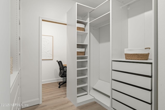 walk in closet with light wood finished floors