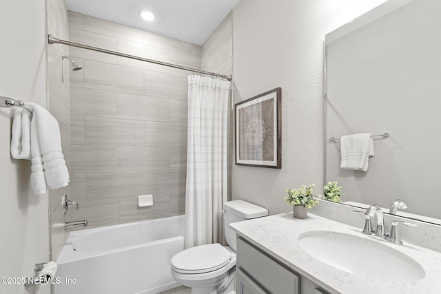 full bath with shower / bathtub combination with curtain, toilet, and vanity