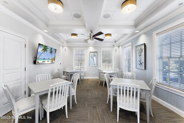 dining room with ceiling fan, coffered ceiling, baseboards, dark carpet, and crown molding