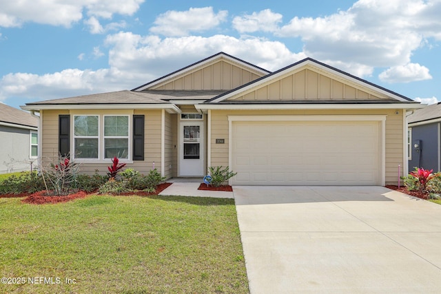 ranch-style house featuring an attached garage, driveway, a front lawn, and board and batten siding