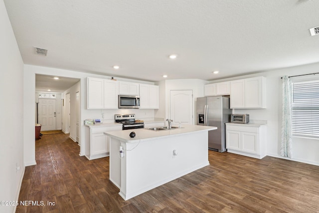 kitchen with dark wood-style flooring, a sink, visible vents, white cabinets, and appliances with stainless steel finishes