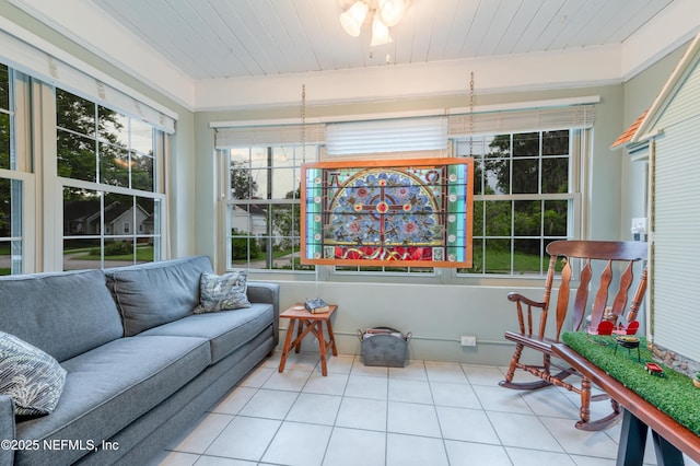 sunroom featuring wooden ceiling