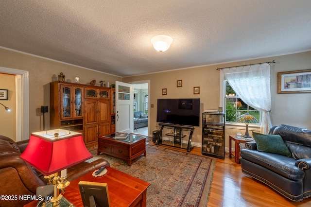 living area featuring light wood-style flooring, crown molding, baseboards, and a textured ceiling