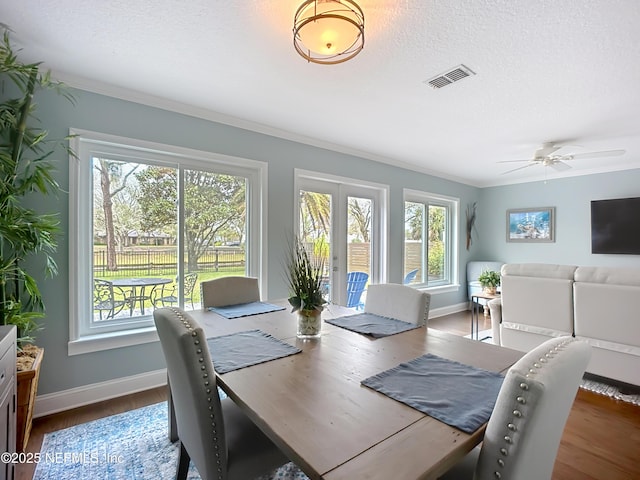 dining area with baseboards, visible vents, dark wood-type flooring, and a wealth of natural light