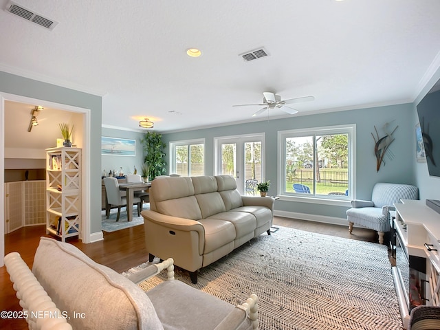 living room with plenty of natural light, visible vents, and crown molding