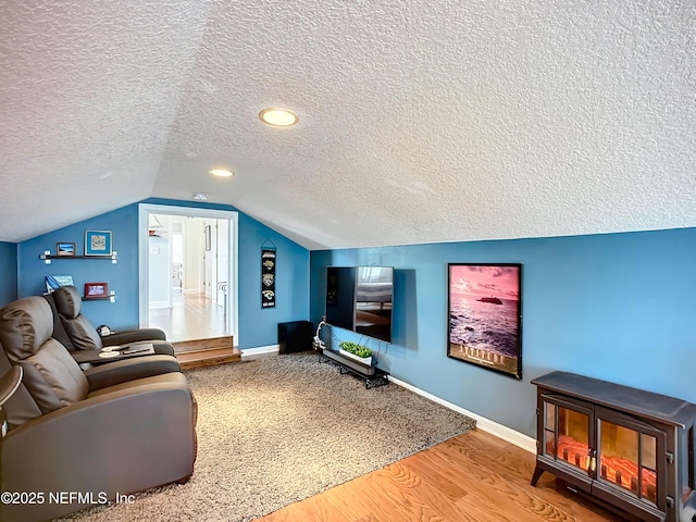 cinema featuring lofted ceiling, a textured ceiling, baseboards, and wood finished floors