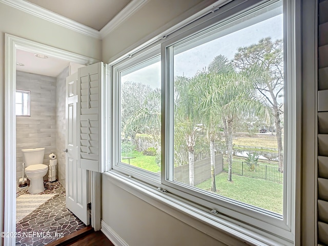 bathroom with baseboards, toilet, and crown molding