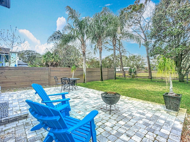 view of patio / terrace with an outdoor fire pit and a fenced backyard