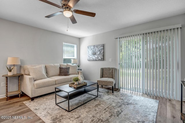 living room featuring light wood-style floors and a ceiling fan