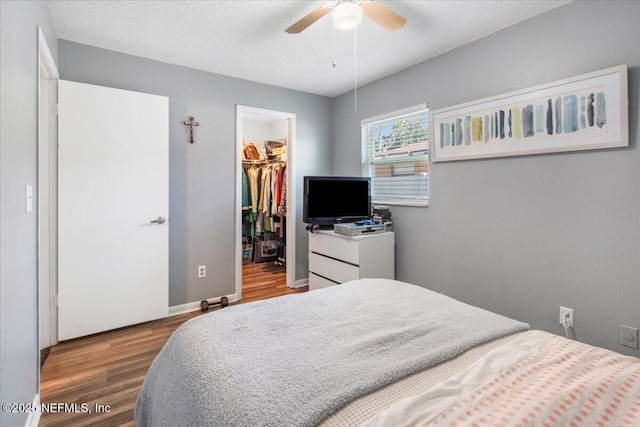 bedroom featuring a walk in closet, a closet, a ceiling fan, a textured ceiling, and wood finished floors