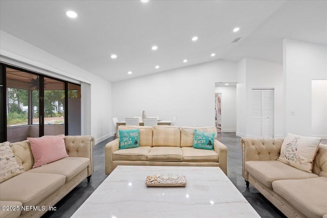 living room featuring lofted ceiling, baseboards, and recessed lighting