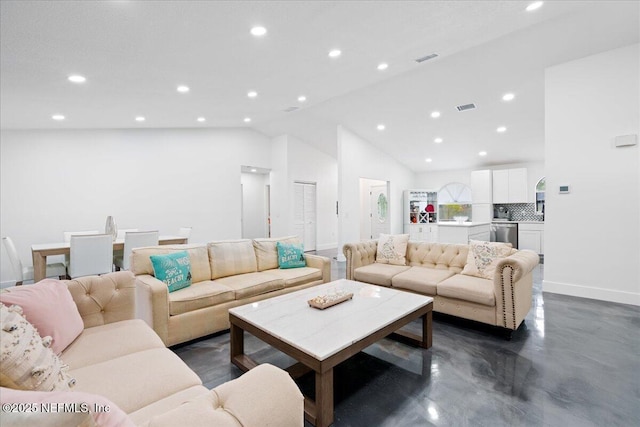 living room featuring baseboards, concrete floors, visible vents, and recessed lighting