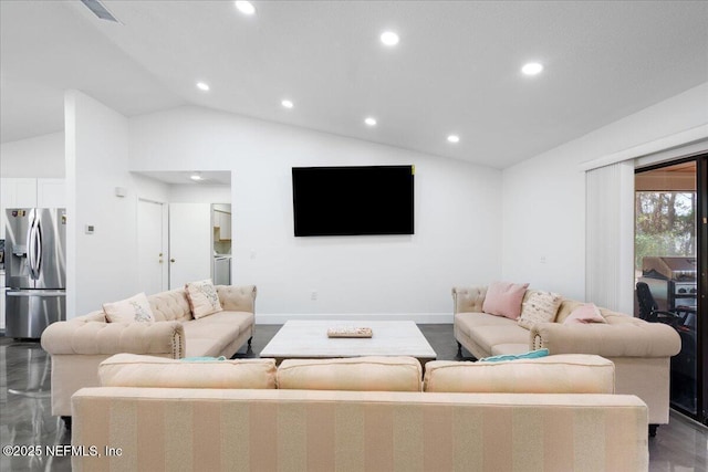 living area with baseboards, visible vents, vaulted ceiling, and recessed lighting