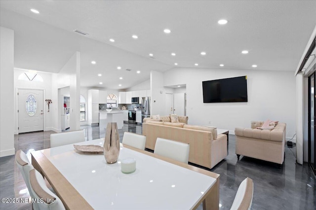 dining space featuring high vaulted ceiling, recessed lighting, visible vents, and baseboards