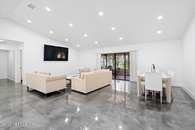 living area featuring marble finish floor, recessed lighting, visible vents, vaulted ceiling, and baseboards