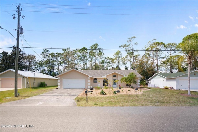 ranch-style home featuring a garage, concrete driveway, a front lawn, and stucco siding