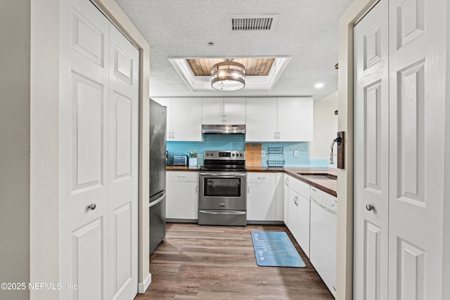 kitchen with visible vents, under cabinet range hood, a tray ceiling, appliances with stainless steel finishes, and wood finished floors