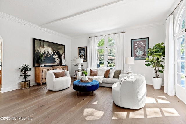 living area with light wood-style floors, baseboards, crown molding, and french doors