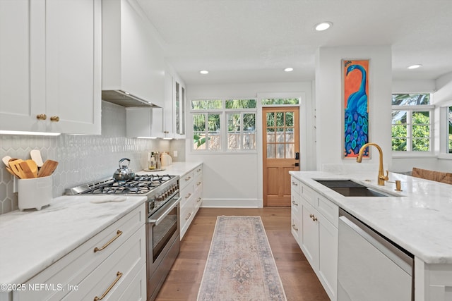 kitchen featuring dishwasher, wood finished floors, high end stove, premium range hood, and a sink