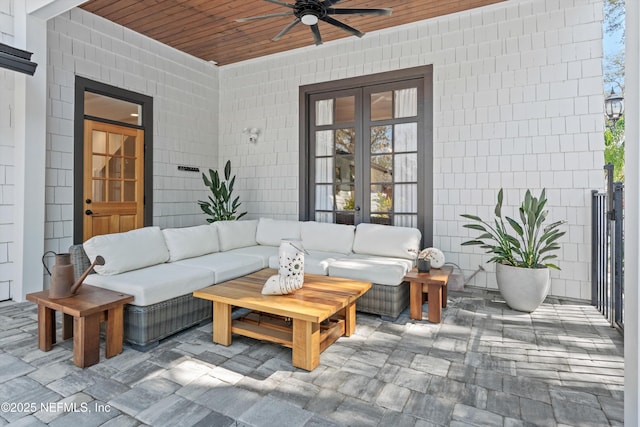 view of patio with a ceiling fan, french doors, and an outdoor hangout area